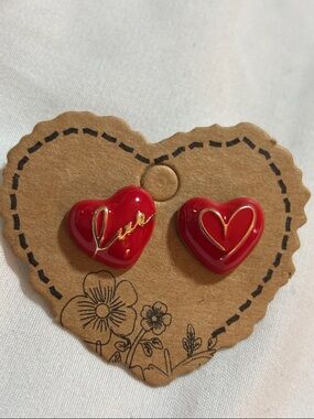 Red Heart Enamel Stud Earrings - Love Script & Heart Design